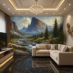 This wallpaper features a stunning view of a mountain valley with a flowing river, adding a sense of adventure and natural beauty to the space.