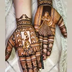 The essence of the Karwa Chauth ritual. This design features a woman with the pooja thali and the chhalni, ready to break her fast. It’s a timeless scene that I love to create with fine, detailed work.