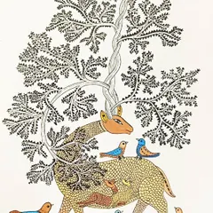 This Gond artwork by Lakshit Mukhiya tells a story of nature's harmony. A deer, whose antlers transform into a tree, is surrounded by birds, all rendered with the distinctive dots and dashes of Gond painting.