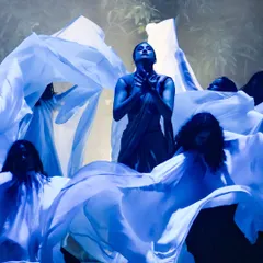 A visually stunning scene from 'Sitayana', using fabric and group dynamics to create a powerful stage picture. I focus on creating memorable visuals in my stage choreography.