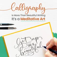An image promoting calligraphy as a meditative art, showing a hand elegantly writing a beautiful script. It's more than just writing; it's a form of therapy.