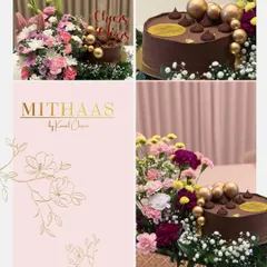 A collage showing how I pair my decadent chocolate cakes with beautiful floral bouquets. The cake, adorned with golden spheres, complements the fresh pink and purple carnations perfectly.