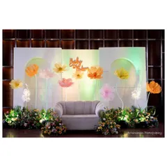 The main stage for a "Baby in Bloom" themed baby shower. We used a clean, modern backdrop with oversized paper flowers and soft, ambient lighting to create a beautiful focal point for photos and celebrations.