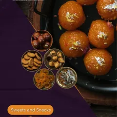 A beautiful display of the sweets and snacks we offer. From ladoos to savory mixtures, each item is prepared with care.