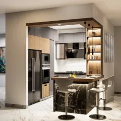 A 3D visualization of a kitchen with a breakfast bar. This render details the material combination of dark marble for the island, wood for the cabinets, and integrated lighting.