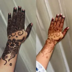 The proof is in the stain. Here you can see the design with the fresh, natural henna paste on the left, and the beautiful, rich reddish-brown stain it leaves behind on the right. I make my own henna, so a deep color is guaranteed.