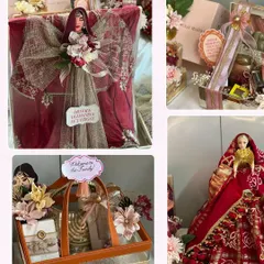 A collage showcasing creative bridal trousseau packaging. I use elements like doll drapes and elegant baskets to present the bride's outfits and gifts in a way that feels incredibly special and unique.