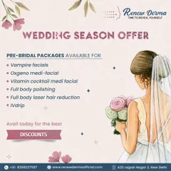A special wedding season offer detailing our comprehensive pre-bridal packages. This includes Vampire facials, Oxygeno medi-facials, full body polishing, laser hair reduction, and IV drips, all available with special discounts.