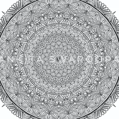 A close-up of the center of the black and white mandala, allowing you to appreciate the dense, layered patterns.