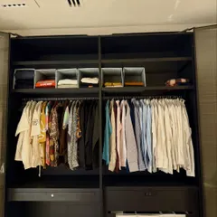 A dark wood wardrobe organized for a gentleman. We've separated casual, colorful shirts from formal button-downs, with folded items stored neatly in bins on the shelves above and below.