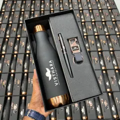 I handle large bulk orders for major brands like Visthara Hotels. This executive gift set features a matte black and rose gold temperature bottle, a matching pen, and a custom keychain, all elegantly boxed and ready for distribution.