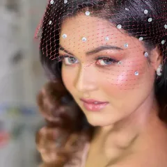Another angle of the polo inspired look, showing the beautiful play of light on the skin and the unique texture of the veil.