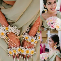 A collage highlighting the bride's fresh and delicate look for her Haldi, focusing on her floral jewelry and soft green saree.