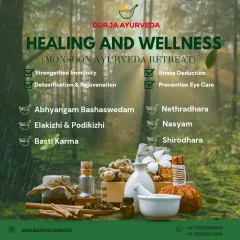 A comprehensive look at our monsoon healing and wellness retreat, listing benefits like strengthened immunity and stress reduction, alongside therapies like Podikizhi and Nethradhara.