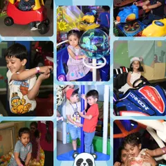 Let the giggles begin! This collage showcases the many happy moments from a playdate, with kids enjoying everything from our ride-on toys and bumper cars to the ball pit.