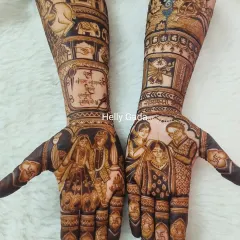 This story-based mehndi includes portraits of the bride with her parents and the groom, along with divine figures of Lord Shiv Parvati and Vishnu.