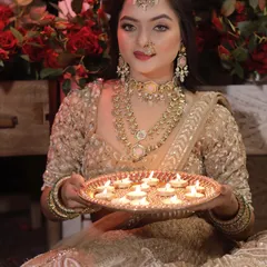 A festive look for Diwali. The model is holding a tray of diyas, and her makeup is a warm, golden glam with a traditional red lip, perfectly capturing the spirit of the festival.