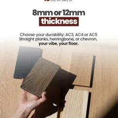 With laminate flooring, you can choose your durability. We offer it in 8mm or 12mm thickness and different abrasion grades like AC3, AC4, or AC5 for varying levels of foot traffic. You can also pick your style with straight planks, herringbone, or chevron patterns. Your vibe, your floor.