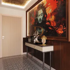 A closer view of the artistic foyer, highlighting the contrast between the vibrant artwork and the minimalist console table.