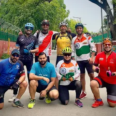 The full Saturday cycling squad, all geared up and ready to ride. We are a diverse team of cyclists who love exploring the city together.