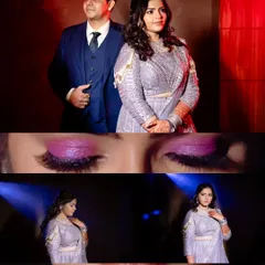 This collage captures key moments from an engagement shoot, including a formal portrait, close-ups of the makeup, and candid interactions, providing a complete visual summary of the event.