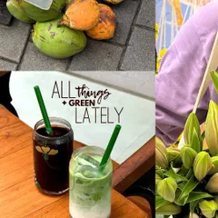 All things green lately. This collage combines iced matcha, fresh coconuts, and bouquets of lilies to create a refreshing and calming green moodboard.