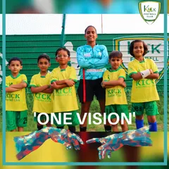 One vision, one team. A female coach stands proudly with some of our youngest players, showing that football is for everyone. We foster an inclusive environment where every child, from age 4 and up, feels empowered and part of the team.