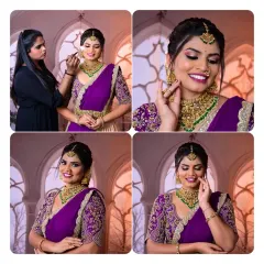 A collage showing a student at work during her portfolio shoot, creating a vibrant reception look with a purple lehenga.