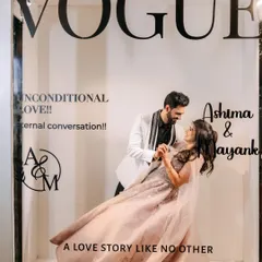 A creative and fun "Vogue" magazine cover shot of the couple. This is perfect for couples who want a touch of editorial flair in their engagement photos.