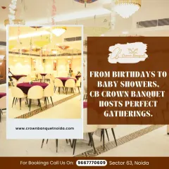Our venue is perfect for intimate gatherings like baby showers. This setup shows our hall decorated with hanging umbrellas and round tables, creating a unique and charming atmosphere.