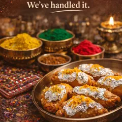 Hosting a Holi party? Let us handle the food so you can relax and enjoy. Our special Holi menu includes traditional favorites like these delicious Gujiyas, made fresh for your celebration.