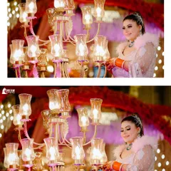 A vibrant color portrait of Deepakshi, showcasing her stunning white gown with feather details against the elegant decor.