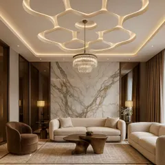 We created a stunning honeycomb pattern for this living room ceiling using raised gypsum panels. The integrated LED strips highlight the geometric shapes, adding depth and a futuristic feel that complements the luxurious interior decor.