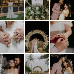 A grid collage showcasing the key moments of a beautiful beachside engagement, from the ring exchange to the celebratory kiss.