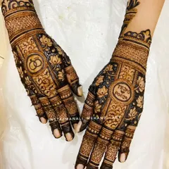 A personalized engagement design featuring the couple's names, 'Tejas & Pooja', inside a central motif. The other hand showcases interlocking rings, surrounded by beautiful lotus patterns.