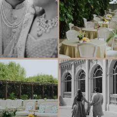 A collage of wedding details and ambiance. It showcases a black and white couple portrait, the elegant outdoor seating arrangement, and the couple walking hand-in-hand, capturing the overall vibe.