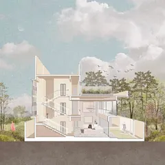 A sectional illustration of the Akiri Residence. This type of drawing is a storytelling tool, showing how the different levels of the home interact and connect to the outdoor environment.
