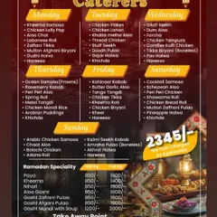 Our detailed weekly menu for the Ramzan Iftaar Box, showing the variety and extensive options we provide every single day, all for a fixed price.