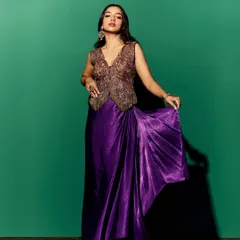 Another look for the Myntra campaign, this time a rich purple draped skirt paired with a heavily embroidered vest. This shows my ability to style a variety of ethnic wear for commercial clients.