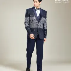 This model shot showcases a unique tuxedo jacket with a grey and black abstract pattern. It’s a perfect example of how I blend bold design with the sharp tailoring of a classic suit.
