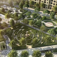 This detailed aerial view highlights the intricate, Roman-inspired garden designs at Casagrand Sun City, featuring a hedge maze and formal geometric layouts that create a sense of timeless elegance.