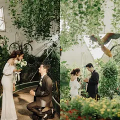 The proposal moment during Charlene and Dexter's elopement session. This diptych captures him on one knee and the subsequent ring exchange, surrounded by the lush greenery of the garden.