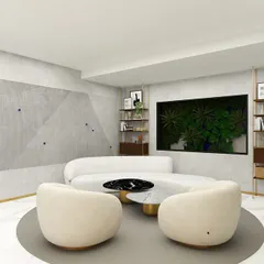This is a 3D render of a luxurious waiting area we designed for a tech company. The concept features a curved sofa, a living green wall, and a concrete feature wall with an integrated world map to represent the company's global reach.