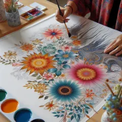 Learn the delicate art of silk painting in our specialized classes. We cover how to manage colors on silk fabric to create these flowing, vibrant floral designs for scarves or wall hangings.