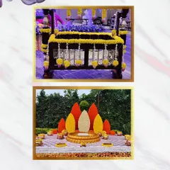 This collage displays our versatility, showing a decorated cradle for a naming ceremony and a vibrant, cone-themed backdrop for a Haldi or Mehendi function.