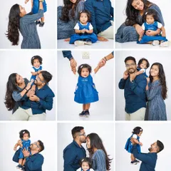 This collage showcases a family's love and joy, with different poses from their studio session, all dressed in matching blue.