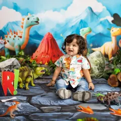 A rawr-some smile from our little explorer! The dinosaur theme is so vibrant and fun, with friendly dinosaurs, a volcano, and rocky terrain that makes for a great adventure.