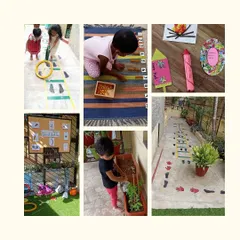 A collage showcasing various activities at our school, from outdoor play to classroom work.