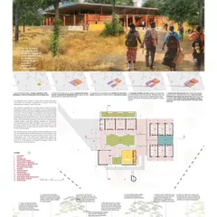 The main presentation board for the 'Sanctuary' project, detailing the site plan, sections, and our design strategy of arranging linear blocks around courtyards and existing trees.
