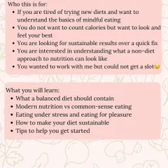 Details for my "Mindful Eating 101" workshop. This is for anyone tired of dieting and looking for a sustainable, non-diet approach to nutrition. All proceeds are donated to animal feeding.